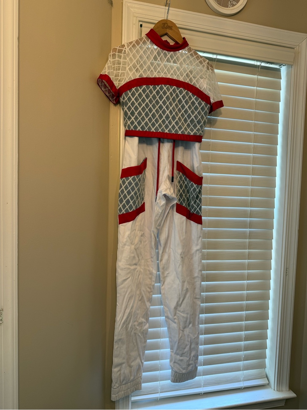 Revolution White Jumpsuit hip-hop costume with Red Trim and Gray Diamond Pattern
